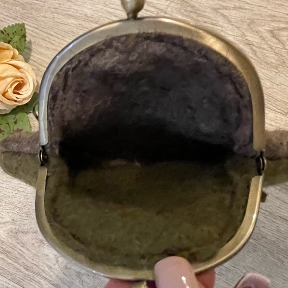 Vintage Olive Green Mohair /  Wool Coin Purse/ Evening Bag With Rhinestones NEW - Picture 5 of 5